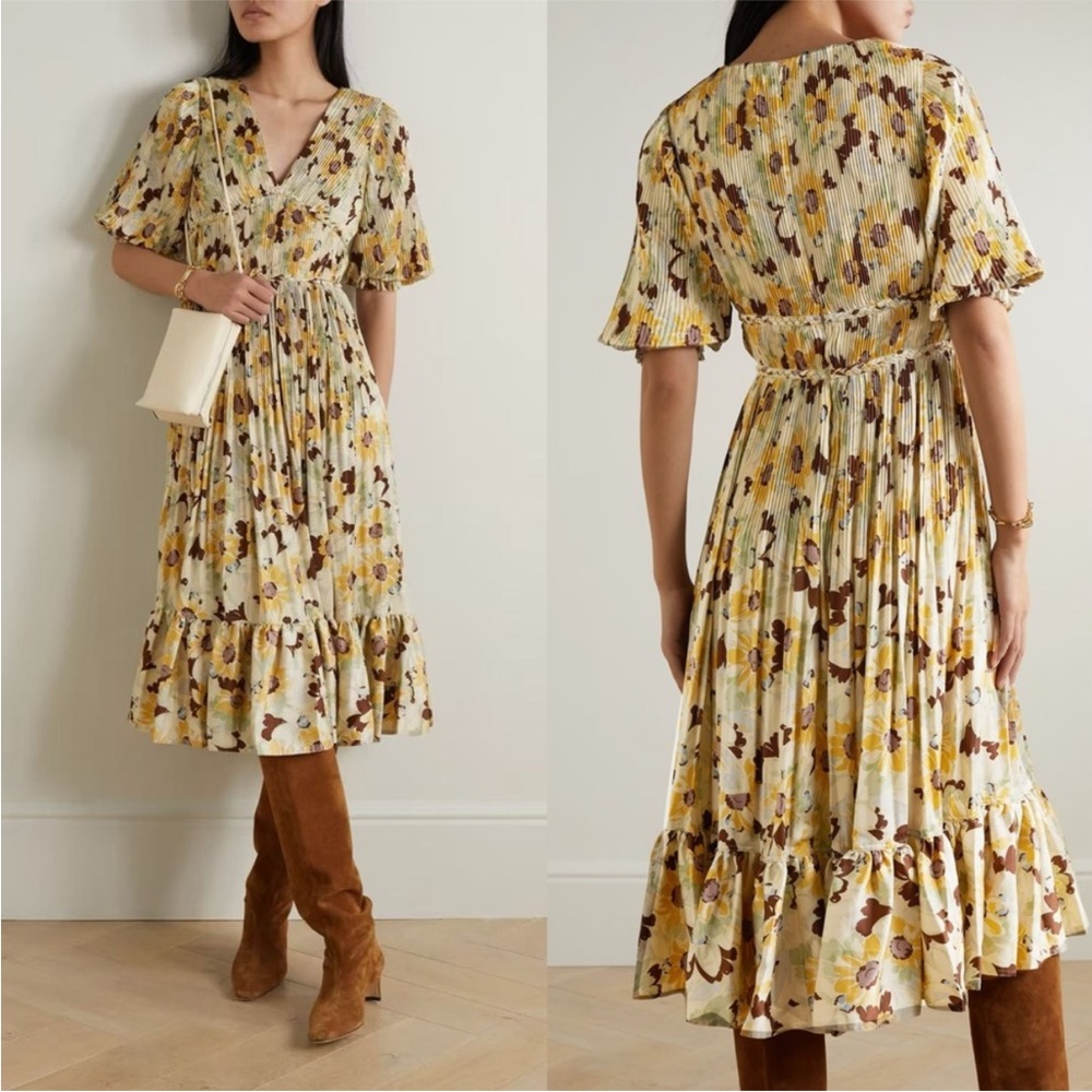 NEW Polo Ralph Lauren Plisse Crinkle Silk Braided Floral Ltiti Puff Sleeve Dress - Picture 2 of 14